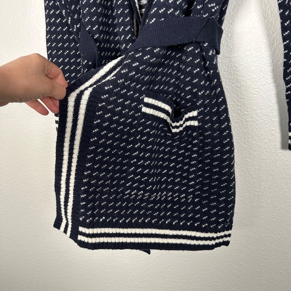 LL Bean women size L signature wool blend long cardigan navy white belted NEW - Picture 6 of 15